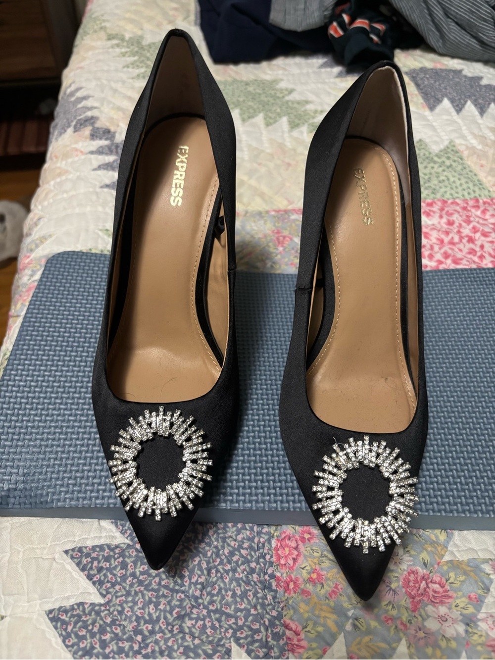 Express Black Satin Pointed-Toe Pumps with Crystal Circle Accent